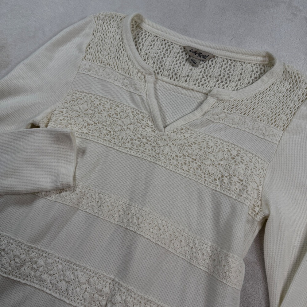 Lucky Brand Cream Waffle Knit Thermal Lace Crochet Split Neck Top Small